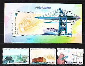 Китай _, 2011, Город Тьянтин, Порт, Корабли, Архитектура, 3 марки, блок